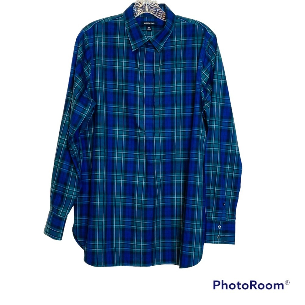 Lands End Tunic 3/4 Button Down Plaid Collar Top 14